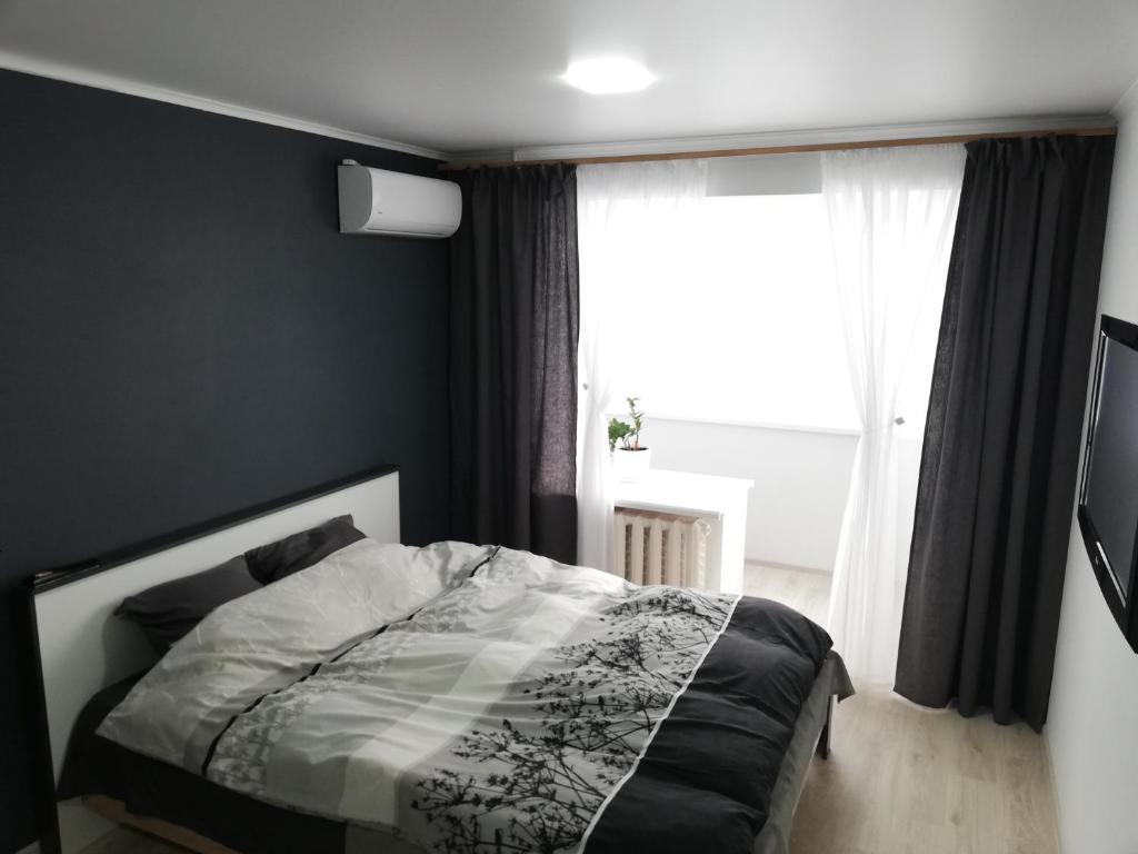 尼古拉耶夫Квартира的一间卧室设有一张床和一个大窗户