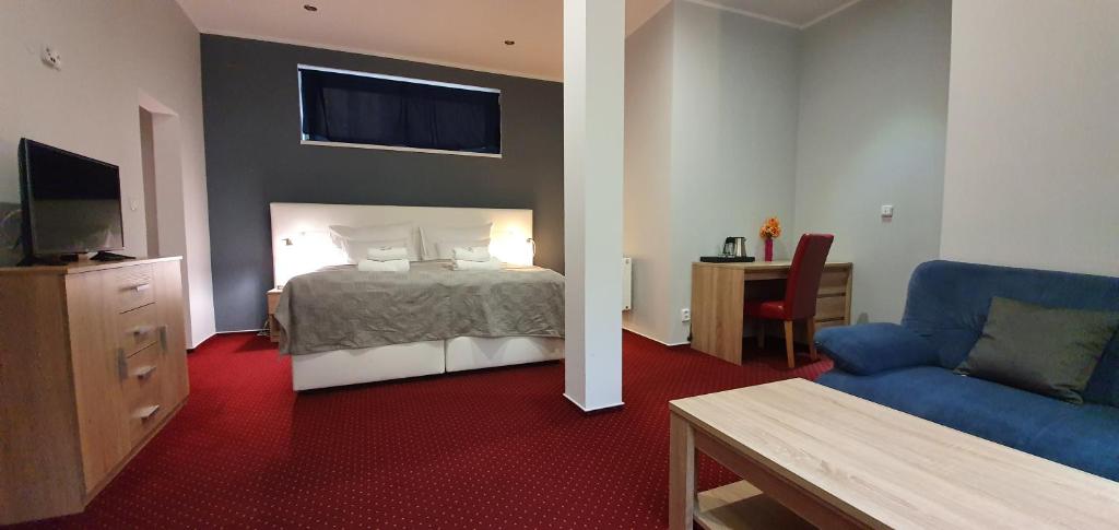 特普利采萨拉亚康体旅馆的一间卧室配有一张床、一张沙发和一台电视。