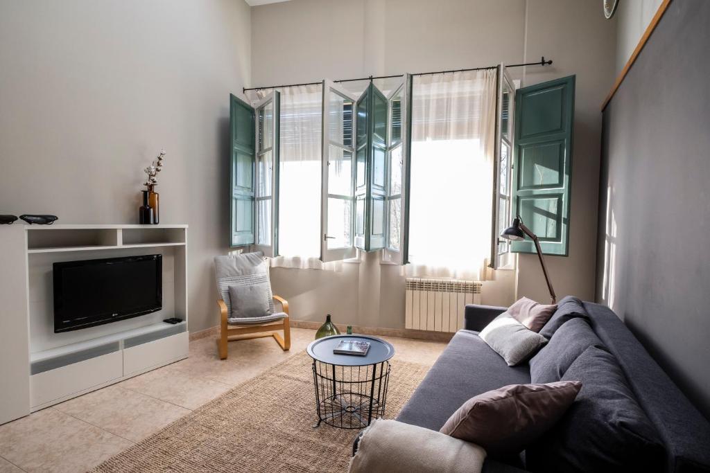 赫罗纳Bravissimo Home & Bike Girona的客厅配有蓝色的沙发和电视