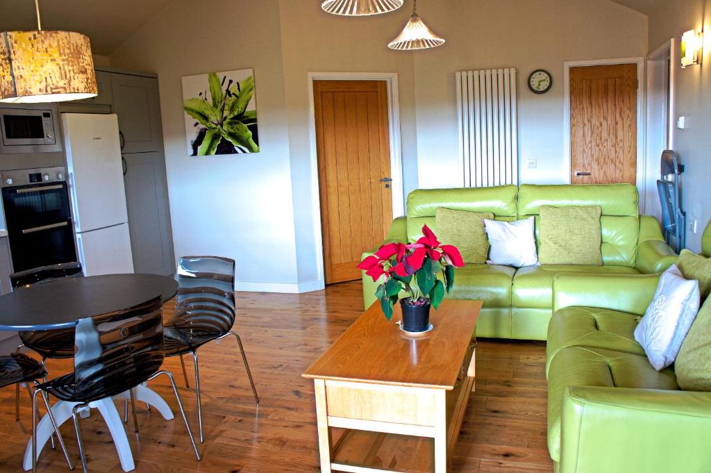切达Tor Farm Lodge的客厅配有绿色沙发和桌子