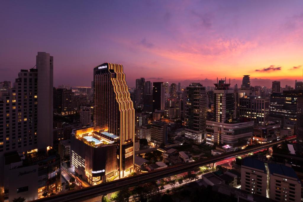 曼谷Carlton Hotel Bangkok Sukhumvit的享有城市天际线的美景。