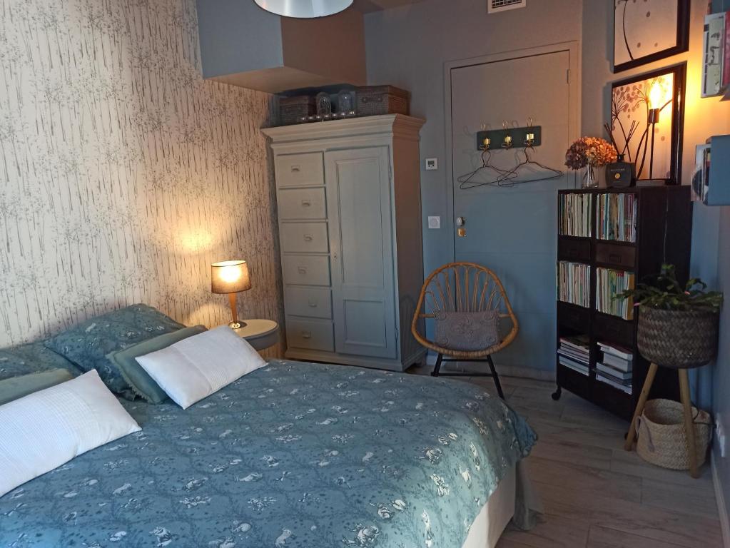 萨尔Loretxea的一间卧室配有一张床、一把椅子和一个书架
