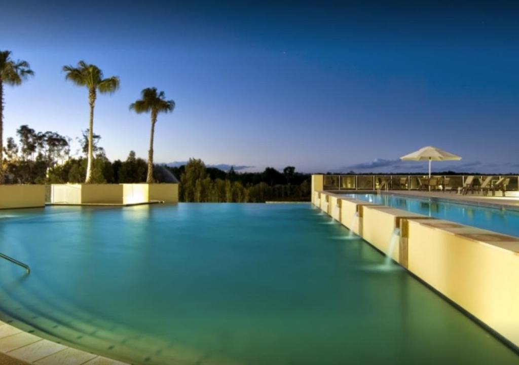 卡伦德拉Pelican Waters Resort的一座拥有蓝色海水和棕榈树的游泳池