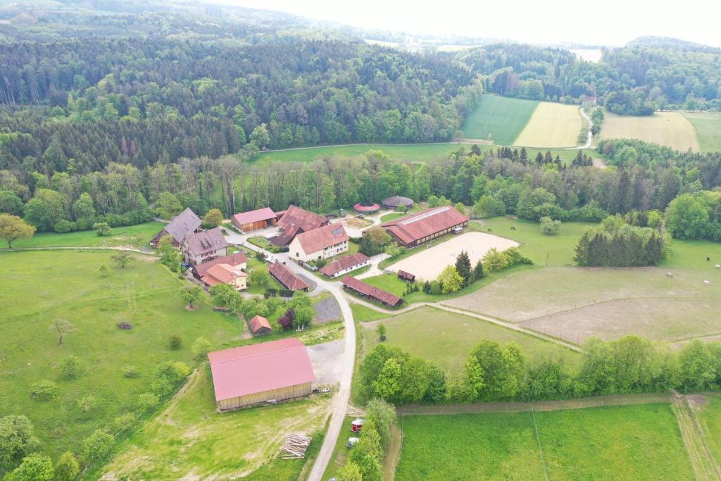 贝曼廷根Bio Hofgut Wiggenweiler的田野房屋的空中景观