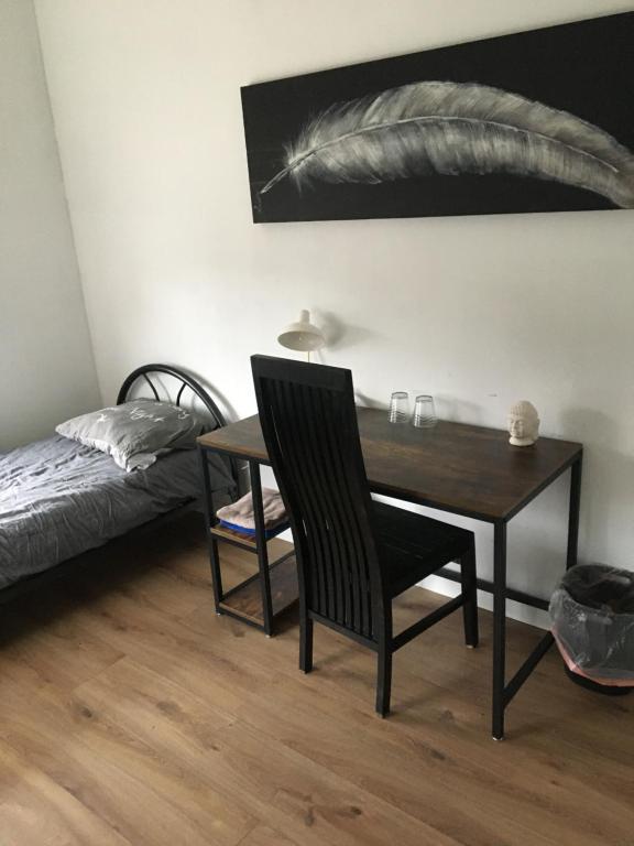 恩斯赫德City Center Enschede Homestay的一间卧室配有书桌、一张床、一张桌子和椅子