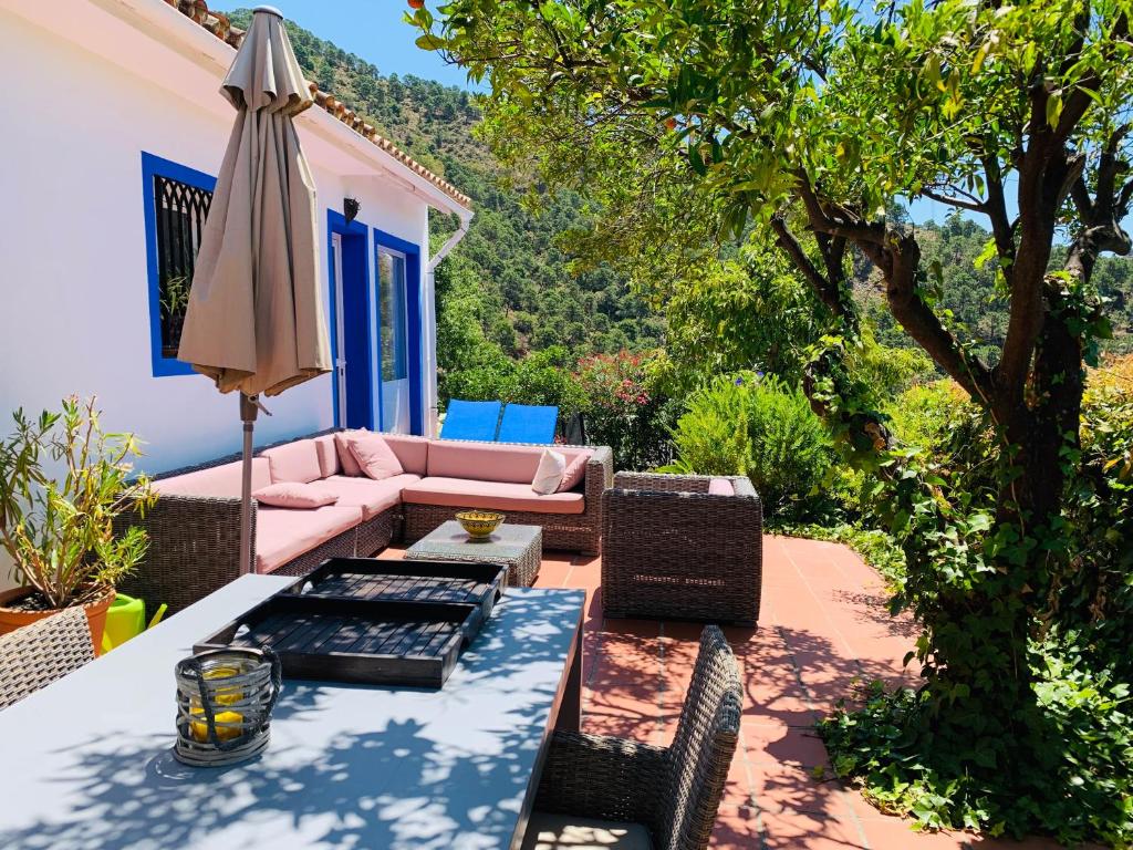 奥亨Finca Santa Ana的一个带桌子和遮阳伞的庭院