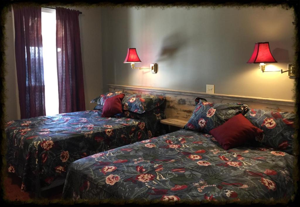 迪格比海岸线汽车旅馆的一间卧室配有一张床、一张沙发和灯具。