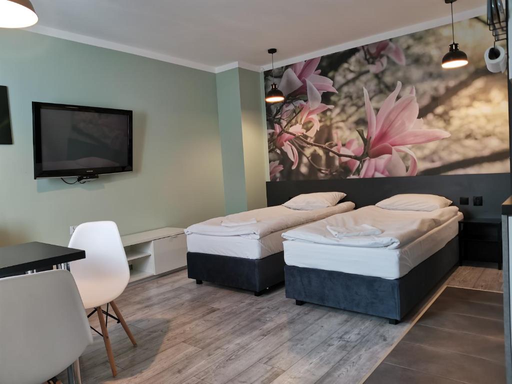 鲁达希隆斯卡Apartamenty Jaskinia Solna的客房设有两张床和一台平面电视。