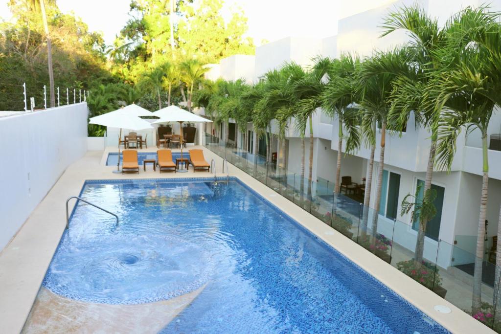锡瓦塔塔内霍LYDMAR BOUTIQUE HOTEL的棕榈树建筑旁边的游泳池