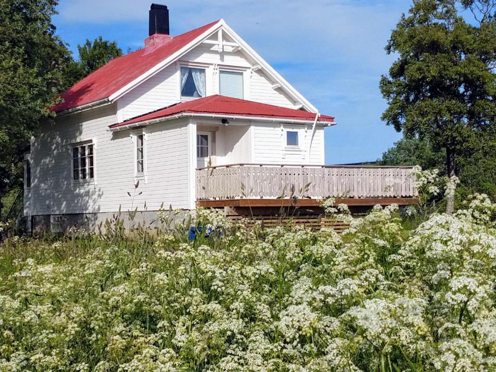 Melbu伯希德斯图阿度假屋的一座红色屋顶的白色旧房子