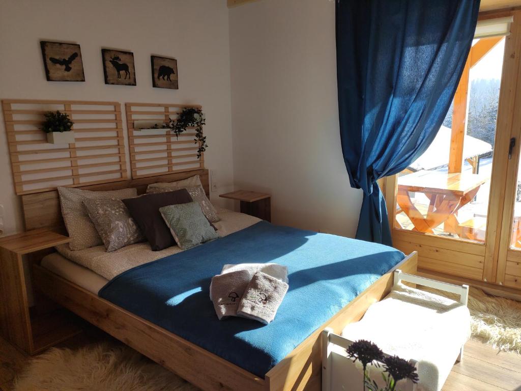 FalsztynApartament Borowikowe Zacisze的一间卧室配有一张带蓝色床单的床和一扇窗户。