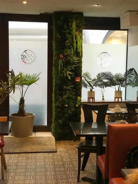 里昂布列塔尼酒店的一间餐厅,房间里摆放着桌子和植物
