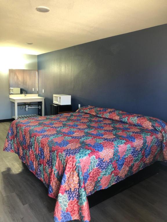 圣安东尼奥EVERKLEEN Motel Downtown的一间卧室配有一张带彩色床罩的床