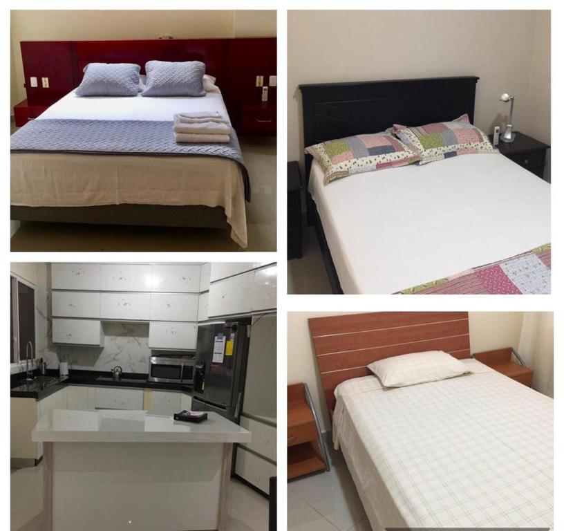 瓜亚基尔Garzota Suites Airport Bajos的四张带两张床和盥洗盆的卧室的照片