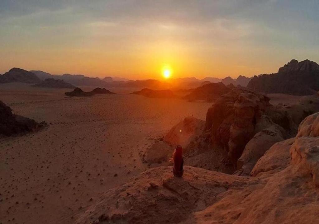 瓦迪拉姆Wadi Rum的站在沙漠中观看日落的人