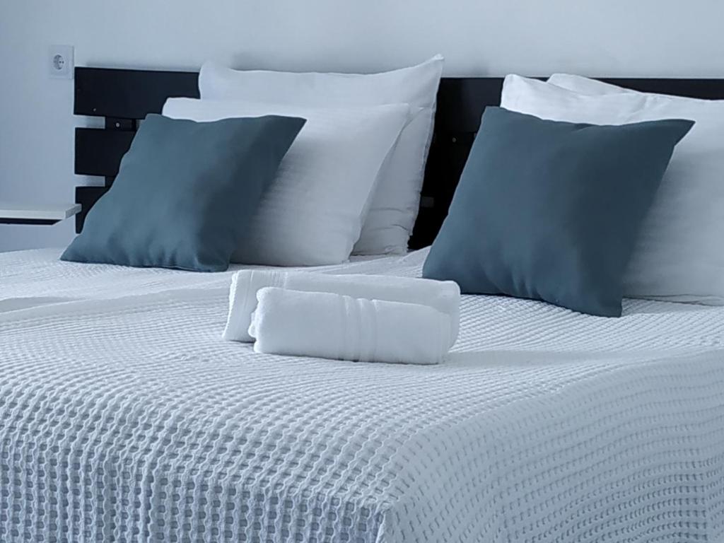 高尼奥Hotel Kolkhi的白色的床和蓝色的白色枕头