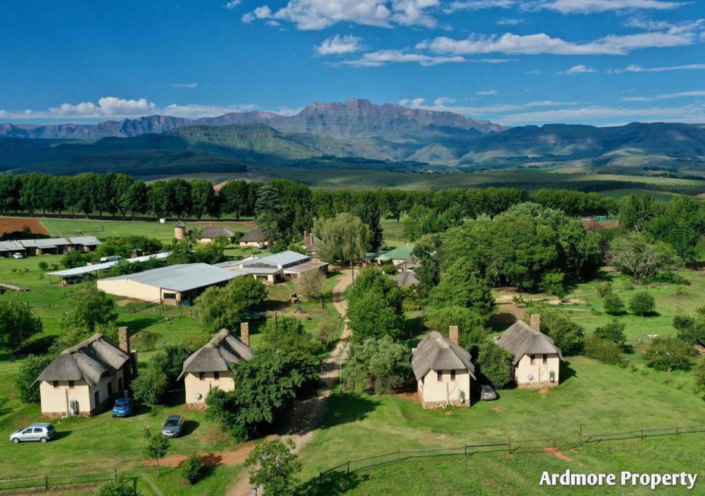 香槟谷Ardmore Guest Farm的享有以山为背景的农场的空中景致