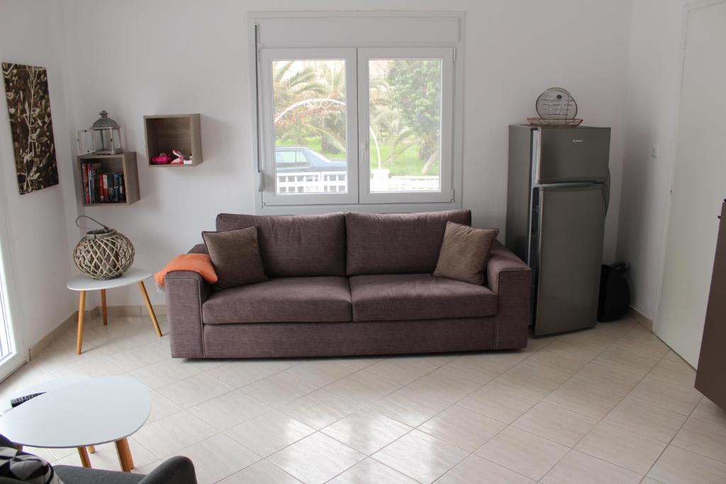 内亚卡瓦里Pares Comfort Apartment的带沙发和冰箱的客厅