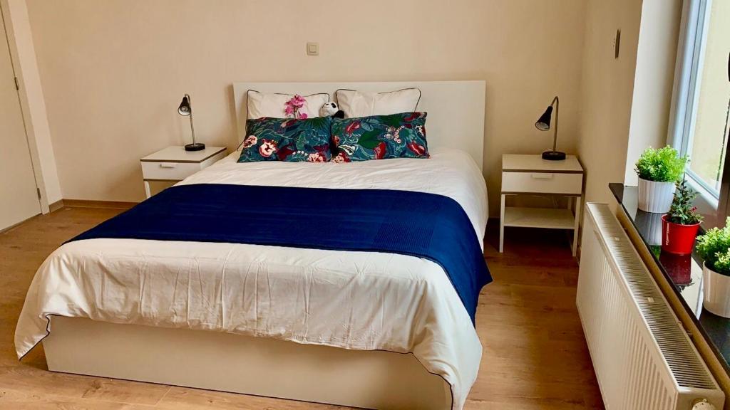 扎芬特姆Panda Stella的一间卧室配有一张大床,提供蓝色的床单和枕头
