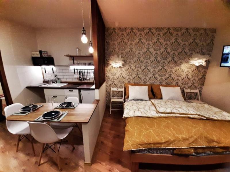 维尔布诺波德普拉德代姆Apartmány AMADE Jeseníky的一间带一张床和一张书桌的卧室和一间厨房