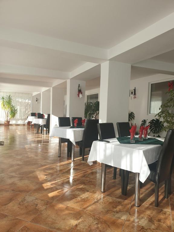 莫伊西德约斯Pensiunea Mary的一间设有白色桌子和黑色椅子的餐厅