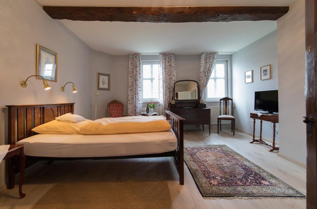 巴德茨韦斯滕Hotel Kavaliershaus/Schloss Bad Zwesten的一间卧室配有一张大床和电视