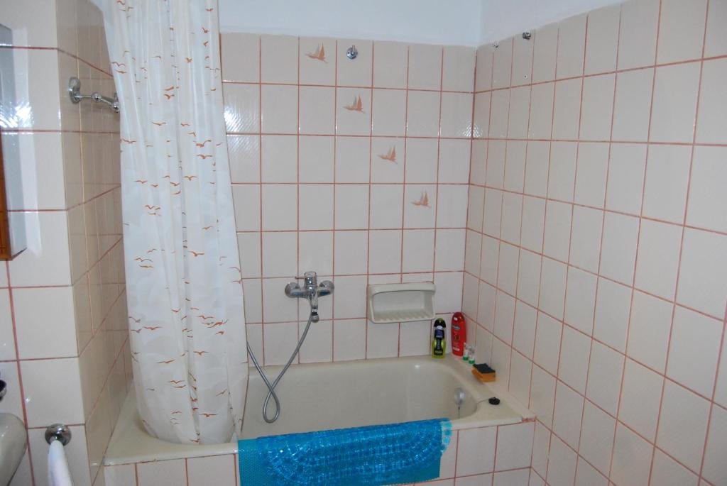 卡瓦拉Ktima Garidis的带浴缸和淋浴帘的浴室