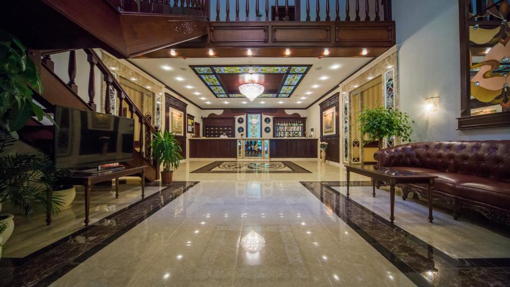 文尼察菲尼克斯酒店的大堂配有沙发和电视,拥有彩色玻璃天花板