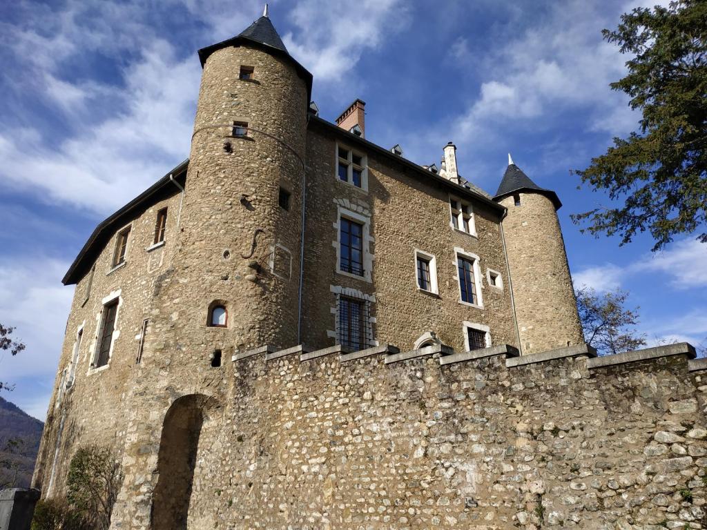 Saint-Martin-dʼUriageAppartement château Uriage-Chamrousse的一座城堡,石墙上有两个塔