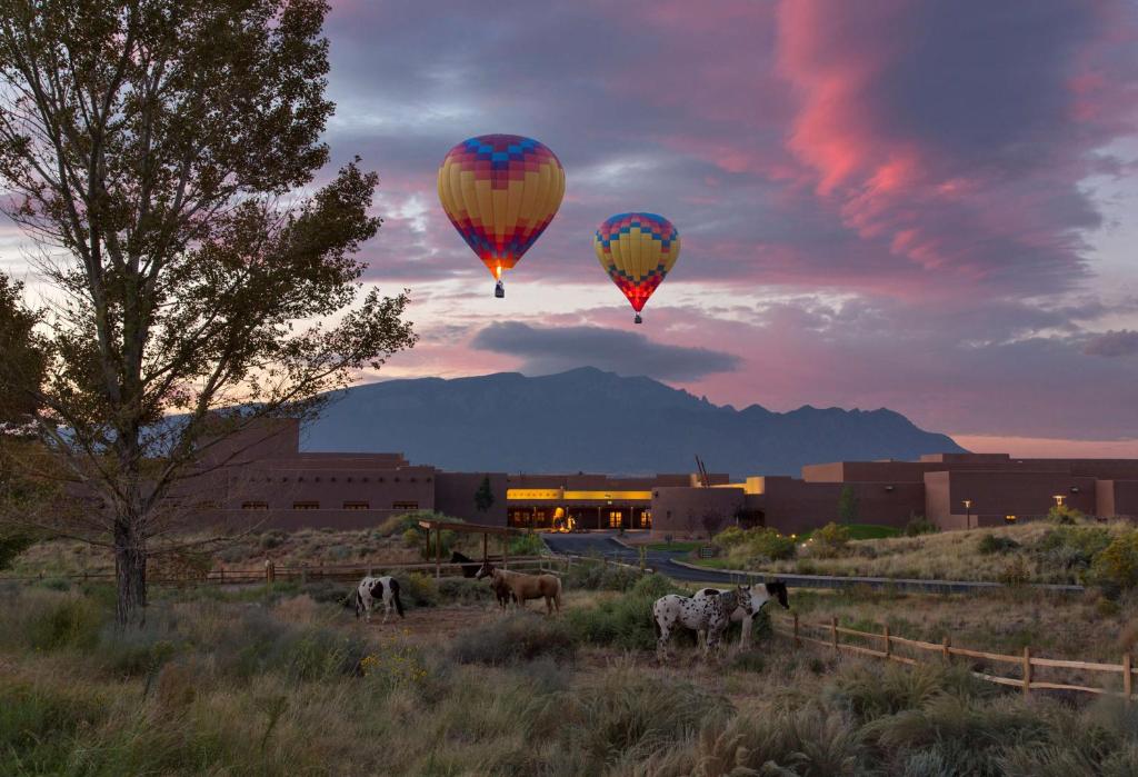 Santa Ana PuebloHyatt Regency Tamaya South Santa Fe的两个热气球在天空中飞过一片田野