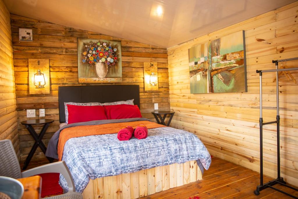 伯诺尼Blyde Africa- Cottage的一间卧室配有一张带红色枕头的床
