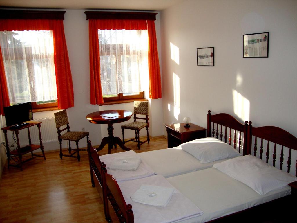 恰斯拉夫阿维亚蒂克旅馆的卧室配有床、桌子和窗户。