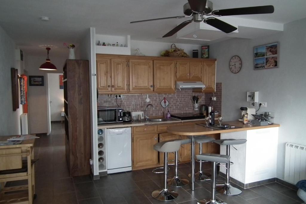 圣普里安海滩Appartement的厨房配有木制橱柜和吊扇