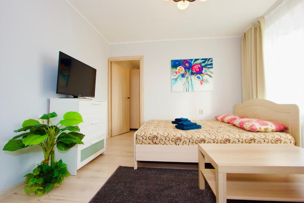 莫斯科老阿尔巴特公寓的一间卧室配有一张床、一张桌子和一台电视。