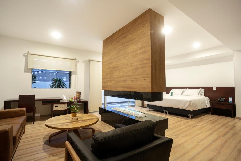 伊皮亚莱斯Loft Hotel Ipiales的客厅设有一张床和一个壁炉