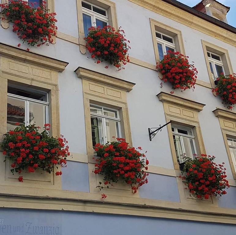 梅森Ferienwohnung Ines Wolf in der Meißner Innenstadt的白色的建筑,窗户上装有红色的鲜花