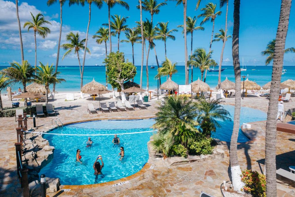 棕榈滩阿鲁巴岛度假村 - 海滩度假酒店及赌场全包的享有棕榈树和海洋的度假村泳池的空中景致