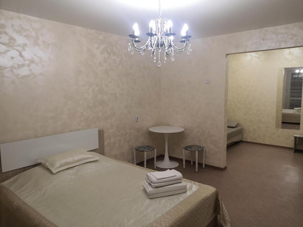 布拉戈维申斯克1 комнатная квартира的一间卧室配有一张床和一个吊灯
