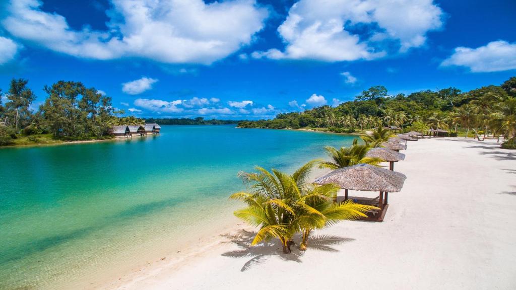 维拉港瓦努阿图假日酒店度假村的海滩上有许多草伞和水