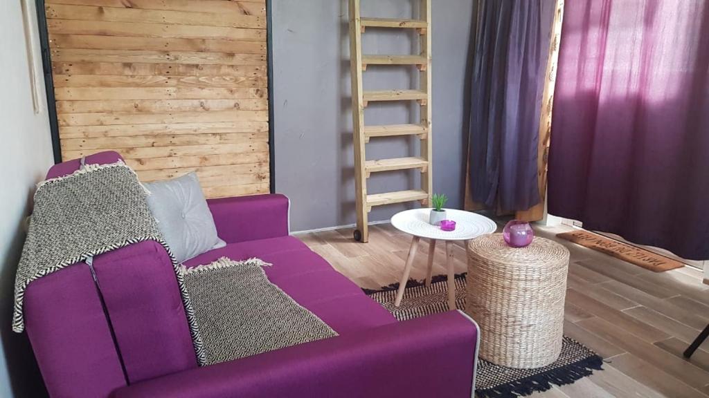 舍尔谢La Tita的客厅配有紫色沙发和桌子