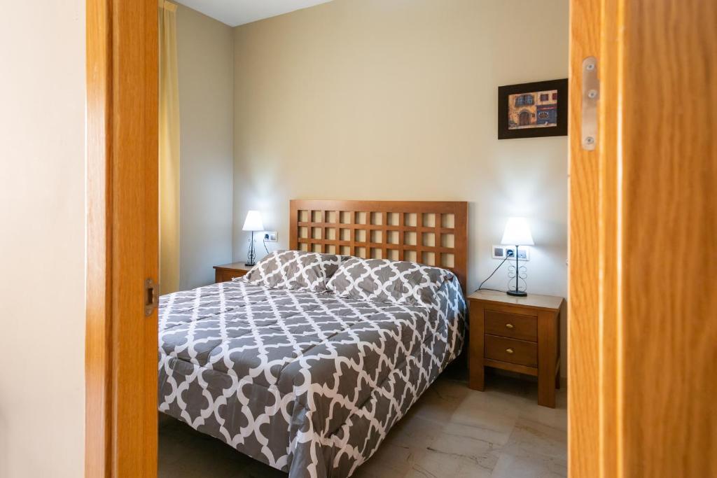 科尔多瓦拉卡斯蒂勒亚图里斯蒂克斯公寓酒店的一间卧室配有一张床和两张带台灯的桌子。
