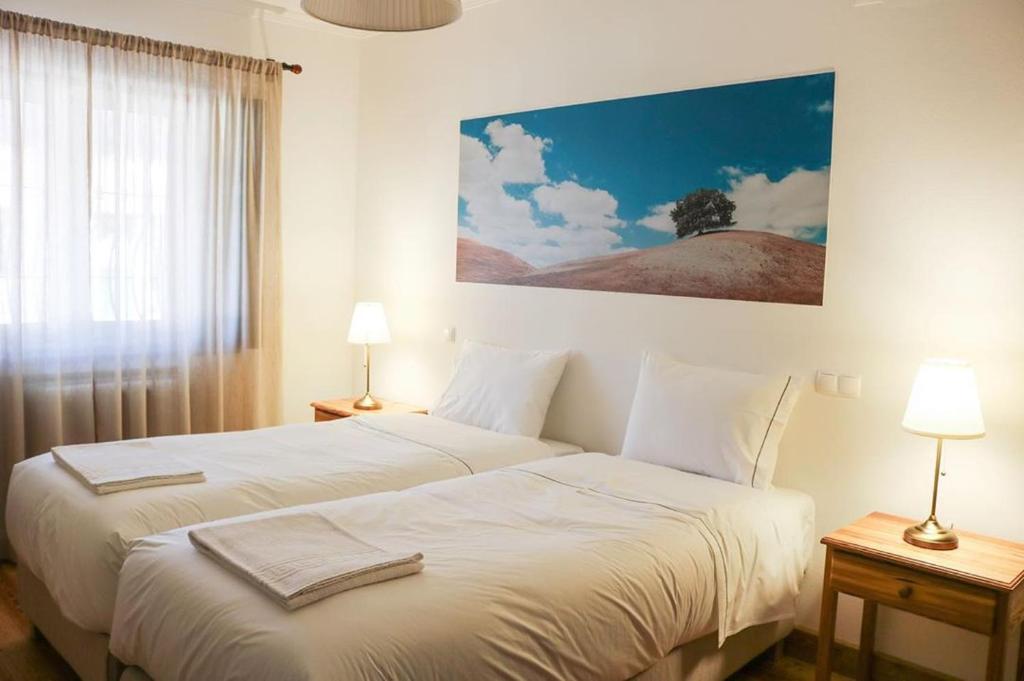 费雷拉杜阿连特茹Monte da Floresta B&B的一间卧室设有两张床和大窗户