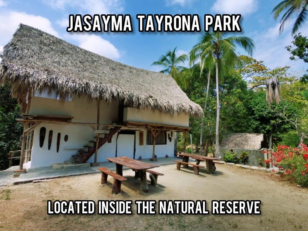 埃尔扎伊诺Hotel Jasayma dentro del Parque Tayrona的小屋前面有两长椅