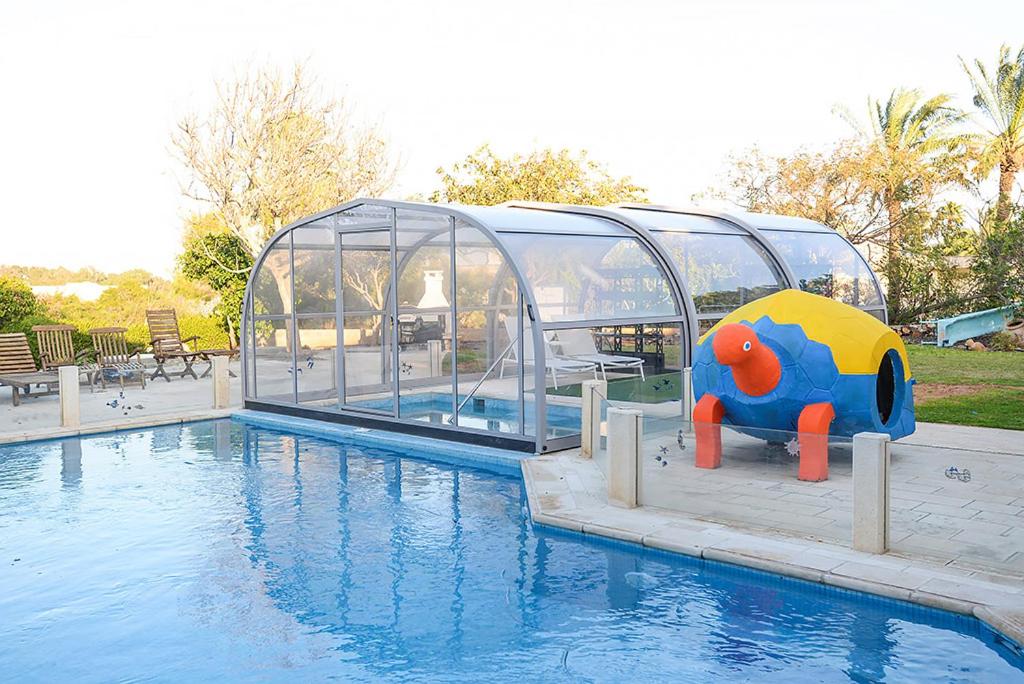 凯撒利亚Romantic suite in Caesarea的游泳池前的游泳池设有日光浴室和玩具