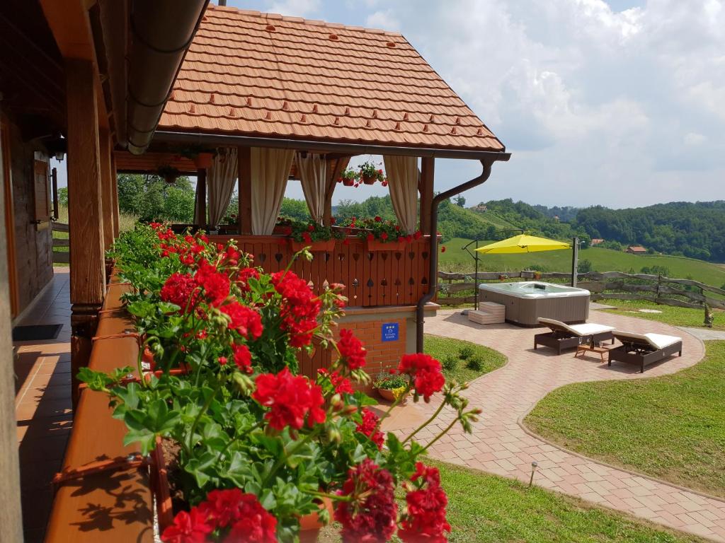 DesinićKuslec Holiday Home的露台的凉亭,种有红色的鲜花