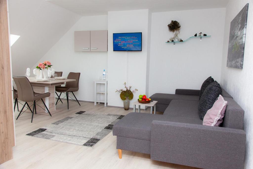 杜伊斯堡T&K Apartments near Messe Fair Trade Düsseldorf und Airport 3B的客厅配有灰色的沙发和桌子