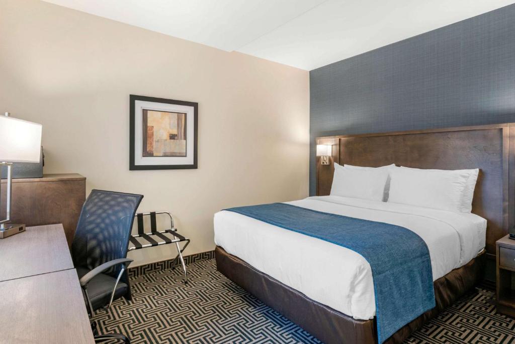 蒙特利尔欧皮恩酒店的配有一张床和一把椅子的酒店客房