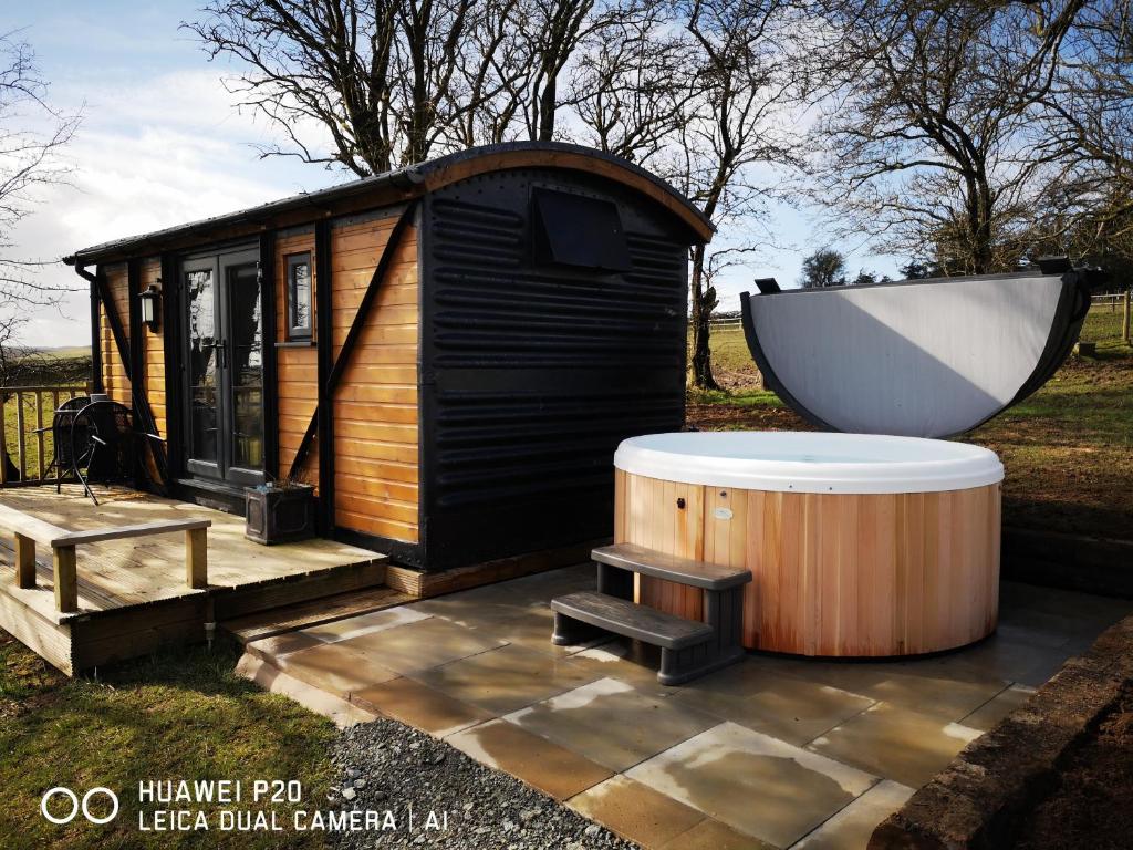 兰德林多德威尔斯pen-rhos luxury glamping "The Hare Hut"的浴缸位于带浴缸的小小屋旁边。
