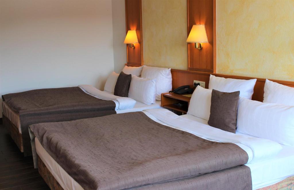 拉姆斯泰因-米森巴赫皮斯切酒店的配有白色床单的酒店客房内的两张床
