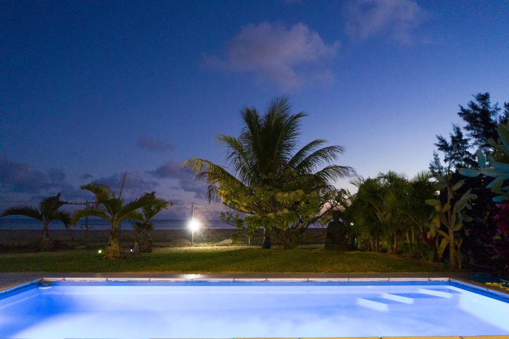 RiambelChalet Kestrel with pool on the beach的棕榈树的蓝色游泳池